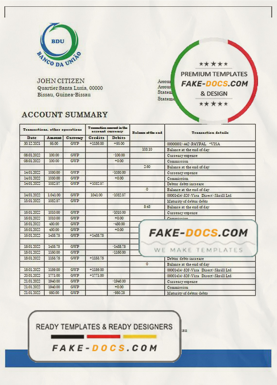 Guinea-Bissau Banco da Uniao proof of address bank statement template in Word and PDF format Guinea-Bissau Banco da Uniao proof of address bank statement template in Word and PDF format