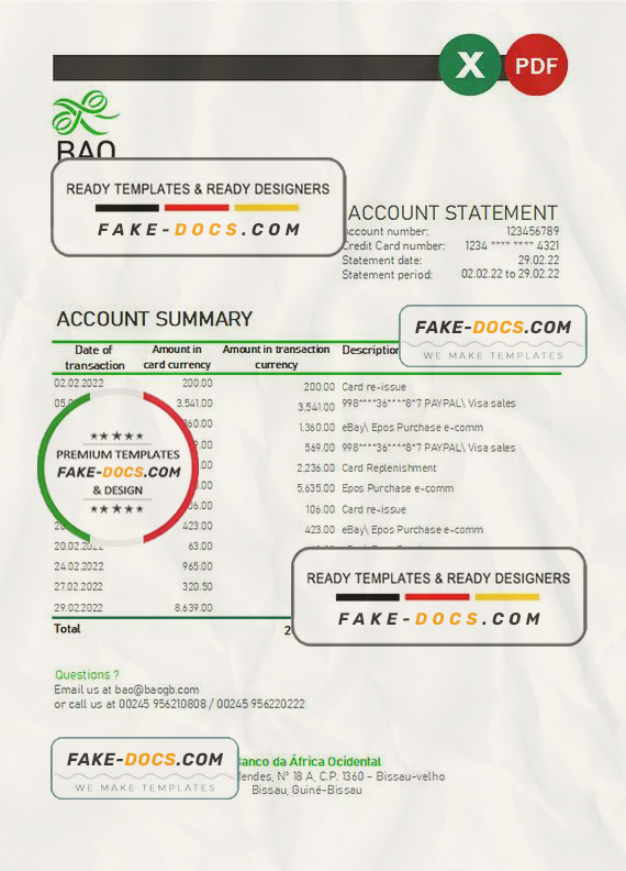 Guinea-Bissau Banco da Africa Ocidental bank statement Excel and PDF template Guinea-Bissau Banco da Africa Ocidental bank statement Excel and PDF template