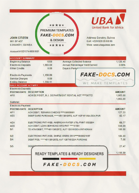 Guinea UBA Bank statement template in Excel and PDF format Guinea UBA Bank statement template in Excel and PDF format
