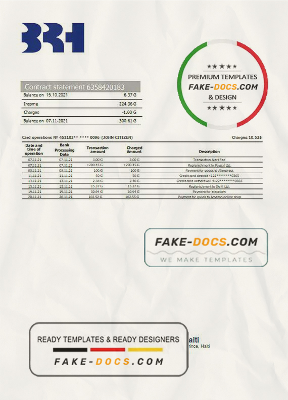 Haiti BRH bank statement template in Word and PDF format Haiti BRH bank statement template in Word and PDF format