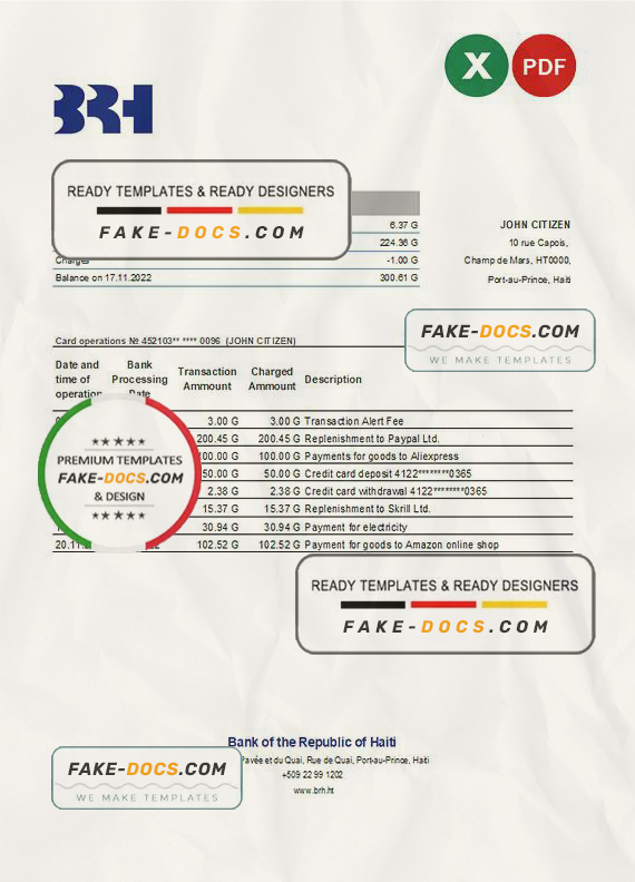 Haiti BRH bank statement Excel and PDF template Haiti BRH bank statement Excel and PDF template