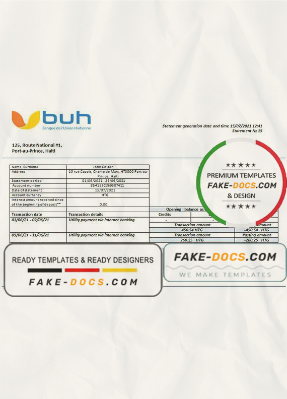 Haiti BUH bank statement template in Word and PDF format Haiti BUH bank statement template in Word and PDF format