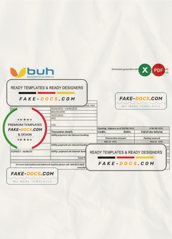 Haiti BUH bank statement Excel and PDF template Haiti BUH bank statement Excel and PDF template