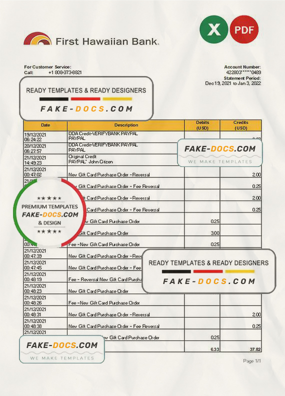 Hawaii First Hawaiian Bank statement Excel and PDF template Fake Docs