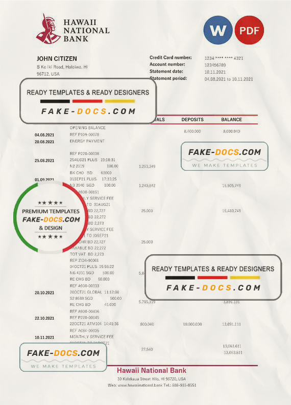Hawaii Hawaii National Bank statement Word and PDF template Hawaii Hawaii National Bank statement Word and PDF template