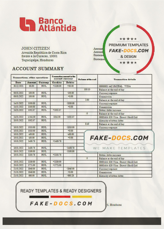 Honduras Banco Atlantida Bank statement template in Word and PDF format Honduras Banco Atlantida Bank statement template in Word and PDF format