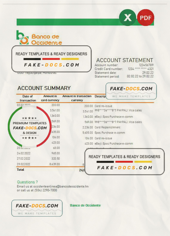 Honduras Banco de Occidente statement Excel and PDF template Honduras Banco de Occidente statement Excel and PDF template