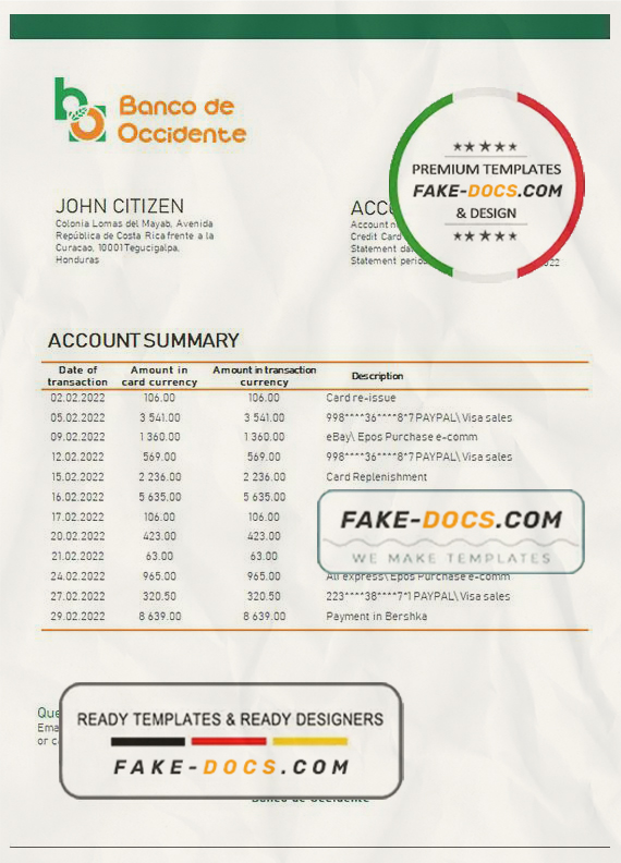 Honduras Banco de Occidente Bank statement template in Word and PDF format Honduras Banco de Occidente Bank statement template in Word and PDF format