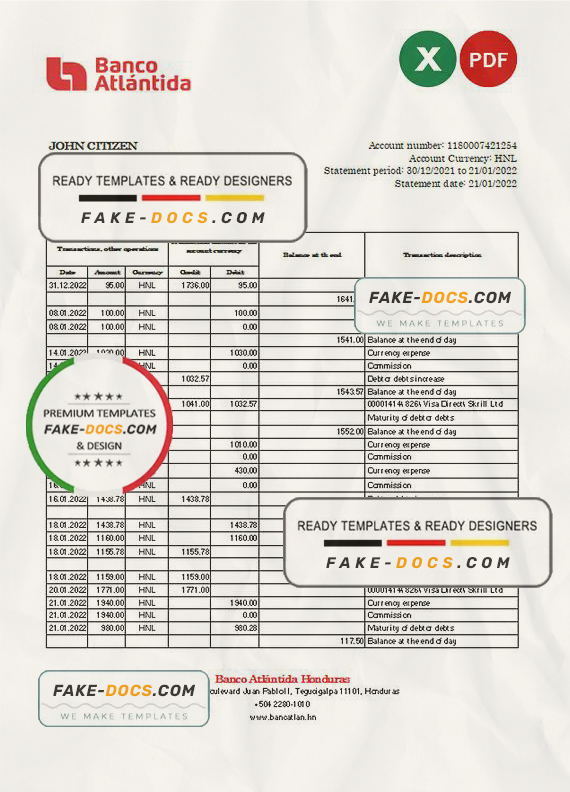 Honduras Banco Atlantida statement Excel and PDF template Honduras Banco Atlantida statement Excel and PDF template
