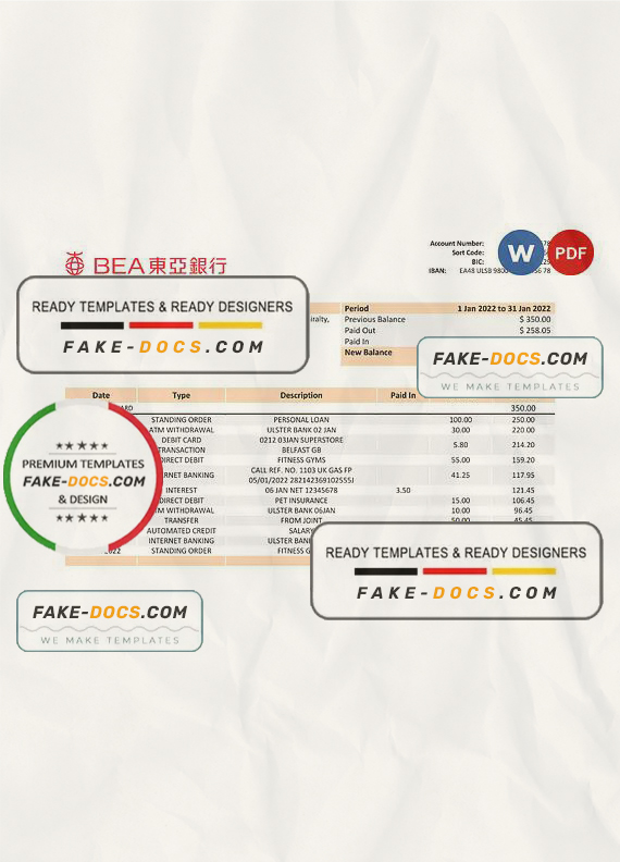 Hong Kong BEA bank statement Word and PDF template Hong Kong BEA bank statement Word and PDF template