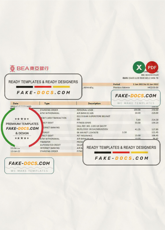 Hong Kong BEA bank statement Excel and PDF template Hong Kong BEA bank statement Excel and PDF template