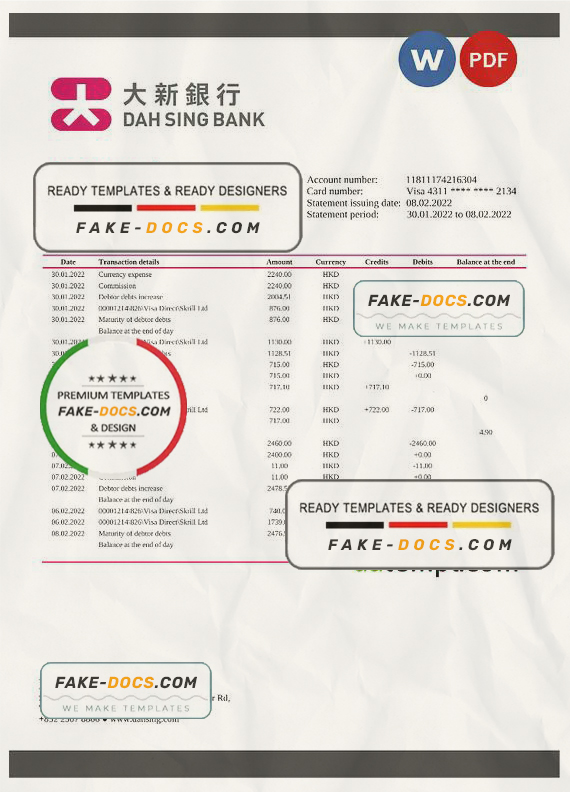 Hong Kong DAH Sing Bank statement Word and PDF template Hong Kong DAH Sing Bank statement Word and PDF template