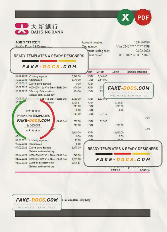 Hong Kong DAH Sing bank statement Excel and PDF template Hong Kong DAH Sing bank statement Excel and PDF template