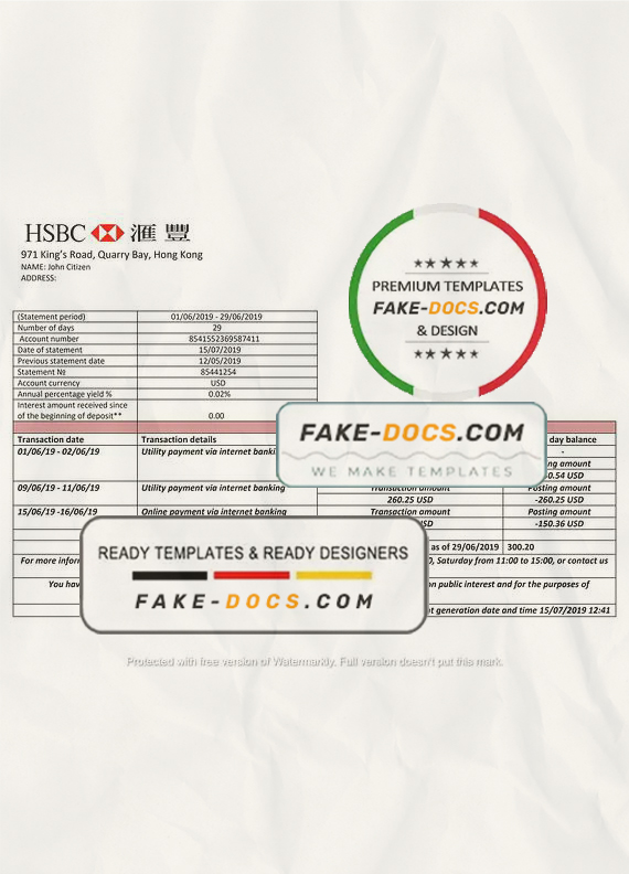 Hong Kong HSBC bank statement easy to fill template in Word and PDF format Hong Kong HSBC bank statement easy to fill template in Word and PDF format