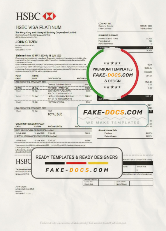 Hong Kong HSBC bank Visa Platinum credit card statement template in Word and PDF format Hong Kong HSBC bank Visa Platinum credit card statement template in Word and PDF format