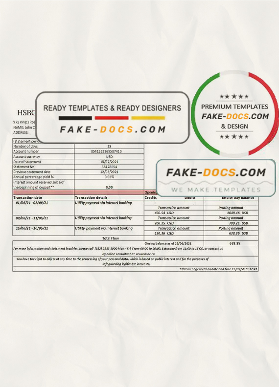 Hong Kong HSBC bank statement easy to fill template in .xls and .pdf file format Hong Kong HSBC bank statement easy to fill template in .xls and .pdf file format
