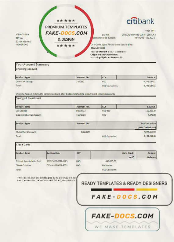 Hong Kong Citibank credit card statement template in .xls and .pdf file format Hong Kong Citibank credit card statement template in .xls and .pdf file format