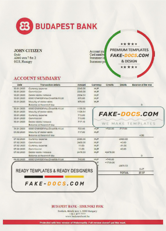 Hungary Budapest Bank – Szolnoki Fiók bank statement template in Word and PDF format Hungary Budapest Bank – Szolnoki Fiók bank statement template in Word and PDF format