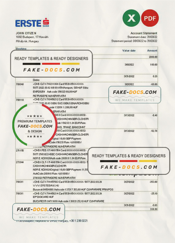 Hungary Erste bank statement Excel and PDF template Hungary Erste bank statement Excel and PDF template