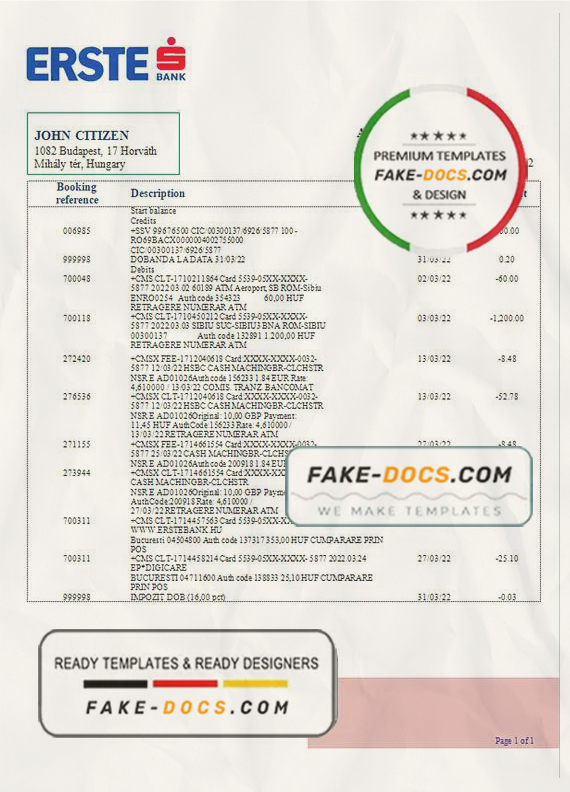 Hungary Erste Bank statement template in Word and PDF format Hungary Erste Bank statement template in Word and PDF format