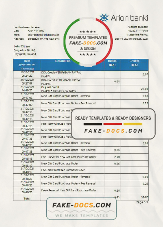 Iceland Arion Bank statement easy to fill template in .xls and .pdf file format Iceland Arion Bank statement easy to fill template in .xls and .pdf file format