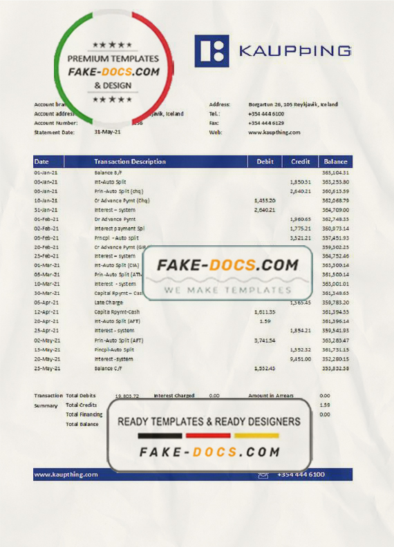 Iceland Kaupthing Bank statement easy to fill template in Excel and PDF format Iceland Kaupthing Bank statement easy to fill template in Excel and PDF format