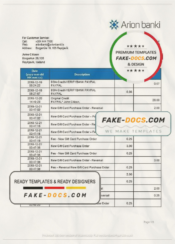 Iceland Arion Banki proof of address bank statement template in Word and PDF format Iceland Arion Banki proof of address bank statement template in Word and PDF format