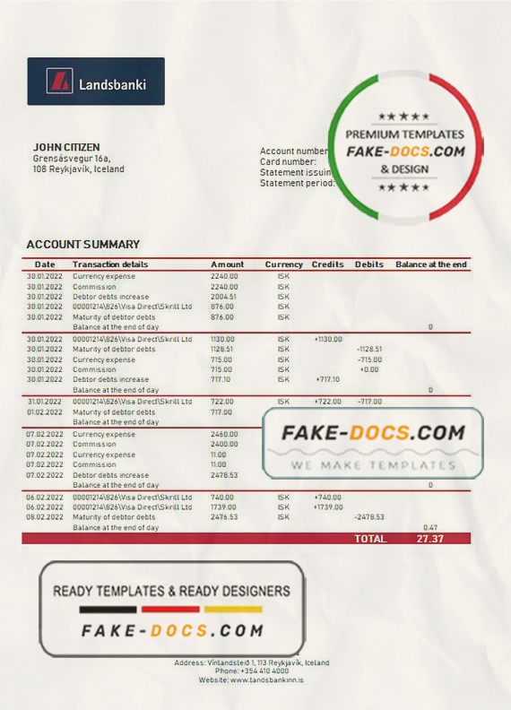 Iceland Landsbanki proof of address bank statement template in Word and PDF format Iceland Landsbanki proof of address bank statement template in Word and PDF format