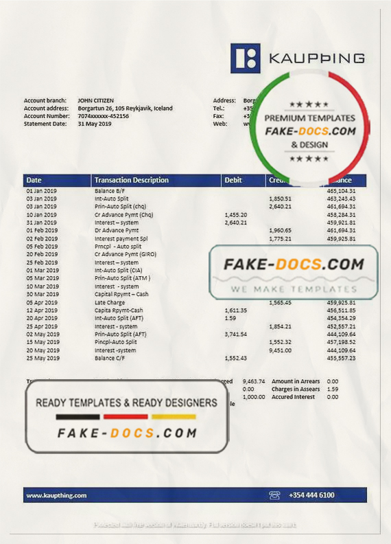 Iceland Kaupthing bank statement template in Word and PDF format Iceland Kaupthing bank statement template in Word and PDF format