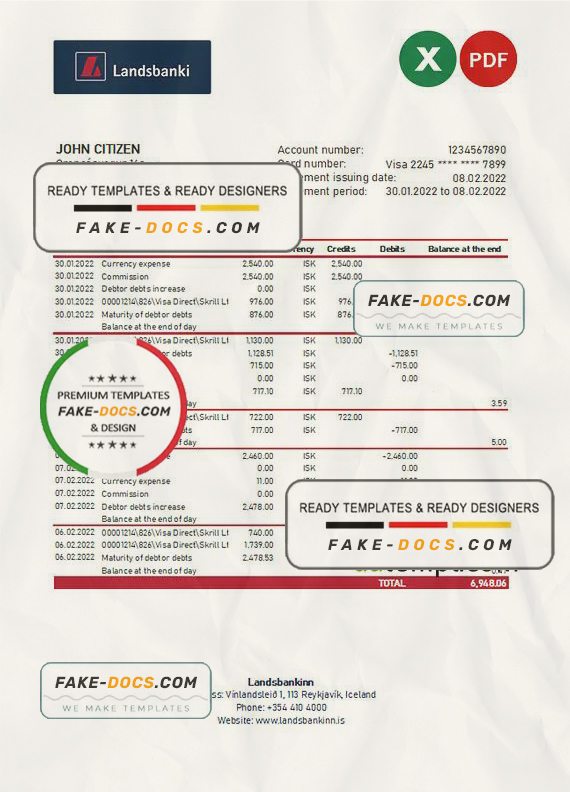 Iceland Landsbankinn bank statement Excel and PDF template Iceland Landsbankinn bank statement Excel and PDF template