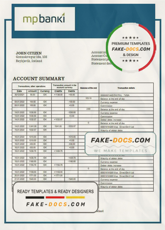 Iceland MP Bank statement template in Word and PDF format (.doc and .pdf) Iceland MP Bank statement template in Word and PDF format (.doc and .pdf)