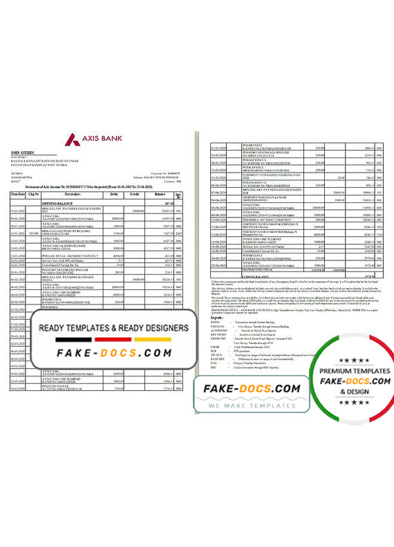 India Axis Bank statement template in .xls and .pdf file format (2 pages) India Axis Bank statement template in .xls and .pdf file format (2 pages)