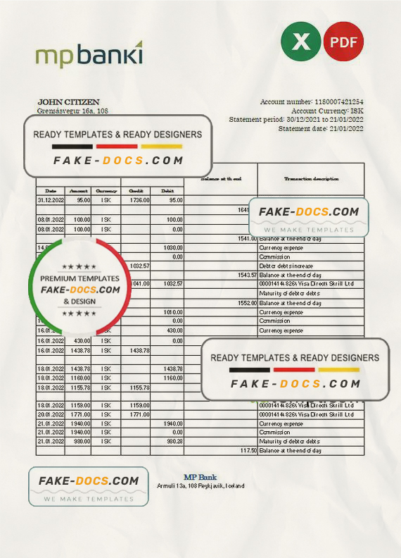Iceland MP bank statement Excel and PDF template Iceland MP bank statement Excel and PDF template