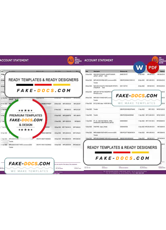 India AU Small Finance bank statement, Word and PDF template, 5 pages India AU Small Finance bank statement, Word and PDF template, 5 pages