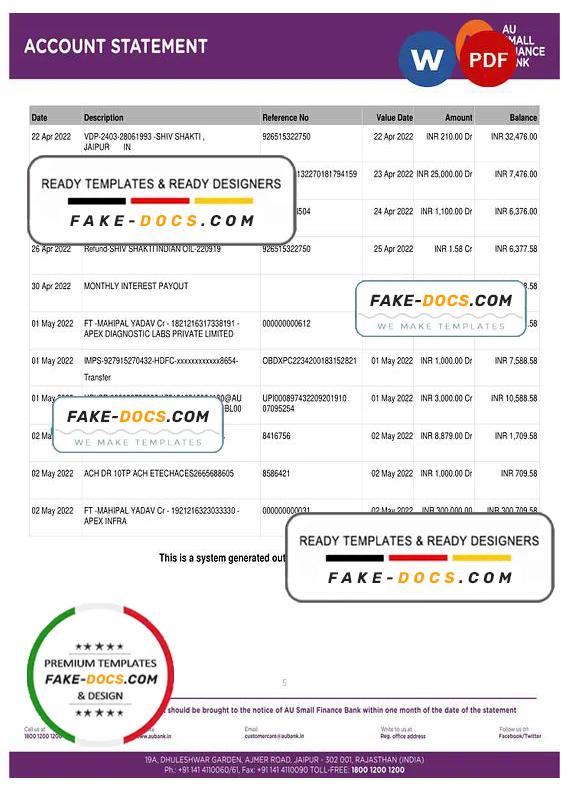 India AU Small Finance bank statement, Word and PDF template, 5 pages India AU Small Finance bank statement, Word and PDF template, 5 pages