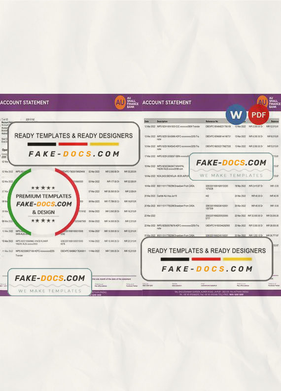 India AU Small Finance bank statement, Word and PDF template, 5 pages India AU Small Finance bank statement, Word and PDF template, 5 pages
