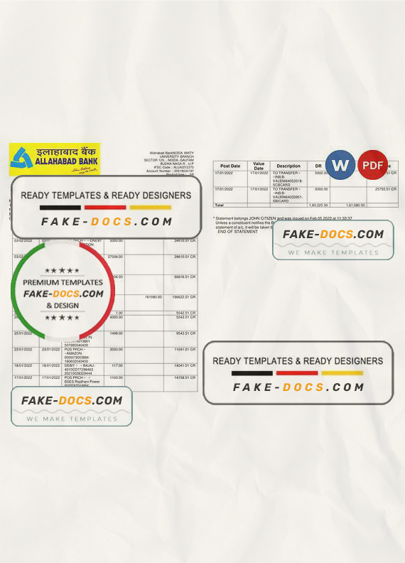 India Allahabad Bank statement, Word and PDF template, 2 pages India Allahabad Bank statement, Word and PDF template, 2 pages
