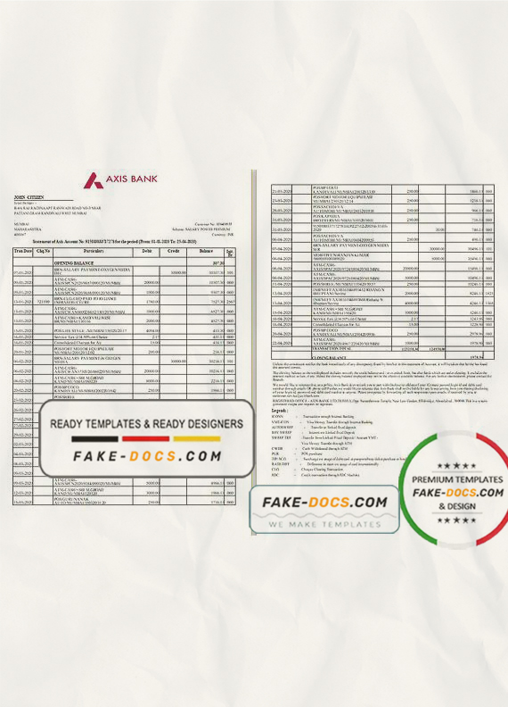 India Axis Bank statement template in .xls and .pdf file format (2 pages) India Axis Bank statement template in .xls and .pdf file format (2 pages)