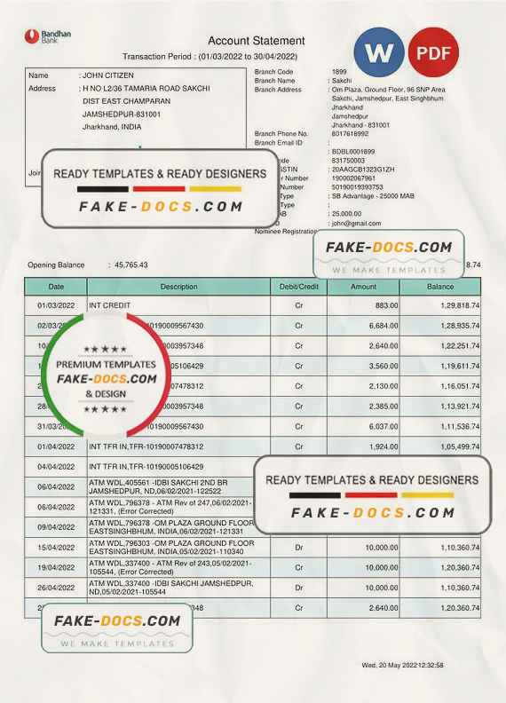 India Bandhan bank statement, Word and PDF template India Bandhan bank statement, Word and PDF template