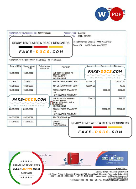India Equitas bank statement Word and PDF template, 3 pages India Equitas bank statement Word and PDF template, 3 pages