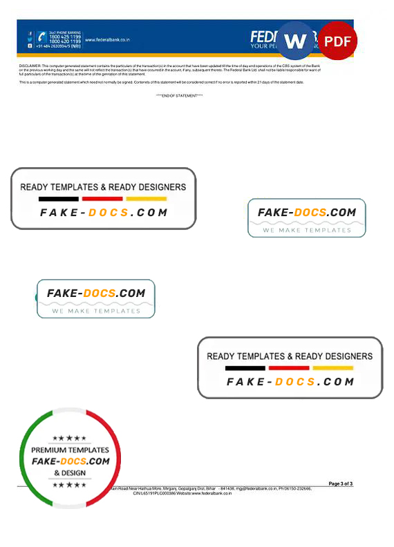 India Federal bank account statement, Word and PDF template, 3 pages India Federal bank account statement, Word and PDF template, 3 pages