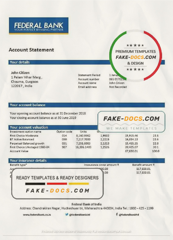 India Federal Bank proof of address statement template in Word and PDF format, .doc and .pdf format India Federal Bank proof of address statement template in Word and PDF format, .doc and .pdf format