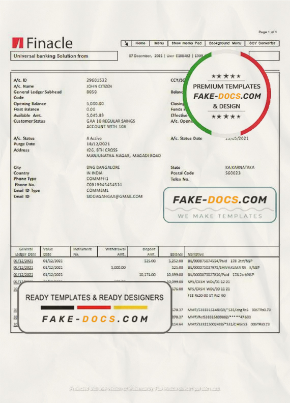 India Finacle bank statement easy to fill template in Word and PDF format India Finacle bank statement easy to fill template in Word and PDF format