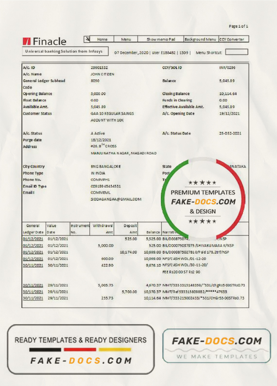 India Finacle bank statement easy to fill template in Excel and PDF format India Finacle bank statement easy to fill template in Excel and PDF format