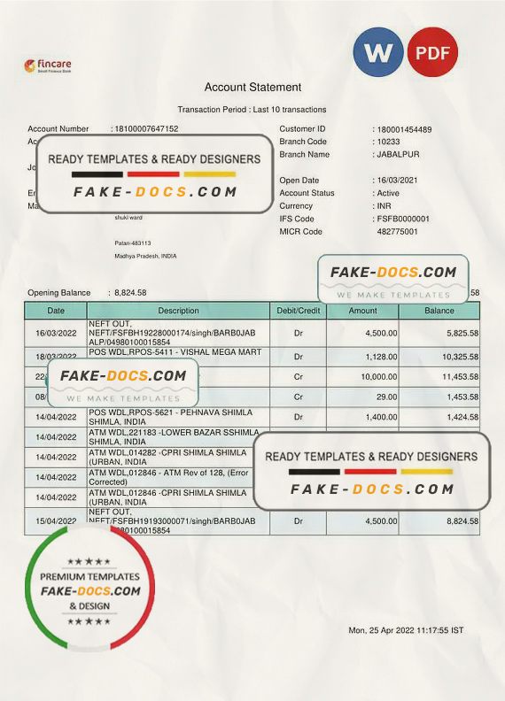 India Fincare bank account statement, Word and PDF template India Fincare bank account statement, Word and PDF template