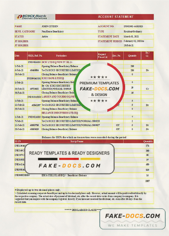 India ICICI Bank statement template in .xls and .pdf file format India ICICI Bank statement template in .xls and .pdf file format