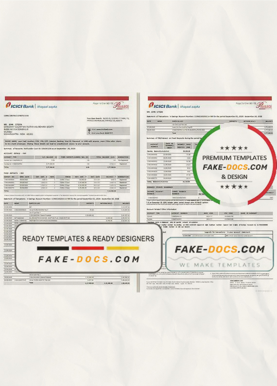 India ICICI Bank statement template in Excel and PDF format (2 pages) India ICICI Bank statement template in Excel and PDF format (2 pages)