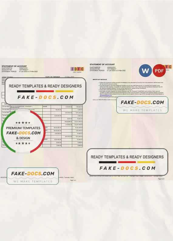 India IDFC bank statement Word and PDF template, 2 pages, version 2 India IDFC bank statement Word and PDF template, 2 pages, version 2