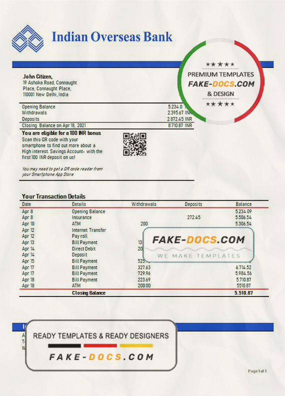 India Indian Overseas Bank statement template in Word and PDF format India Indian Overseas Bank statement template in Word and PDF format