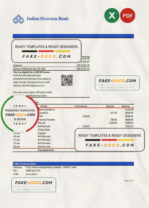 India Indian Overseas Bank statement Excel and PDF template India Indian Overseas Bank statement Excel and PDF template